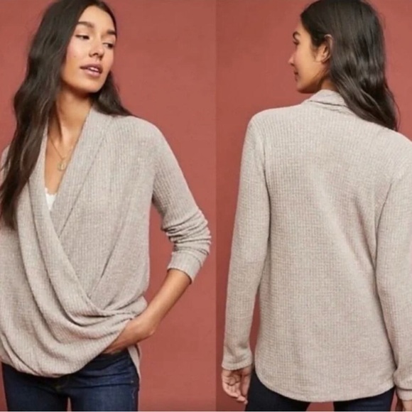 Anthropologie Akemi + Kin Long Sleeve Beige Waffle Knit Wrap Top Size S - Picture 4 of 11